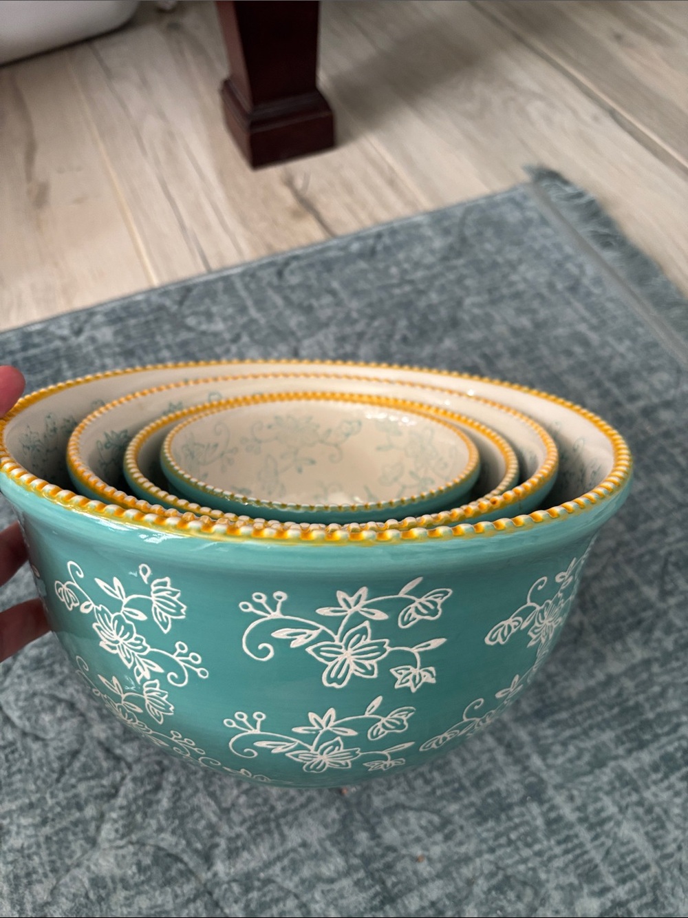 Temptations Aqua and Yellow Floral Nesting Mixing Bowls